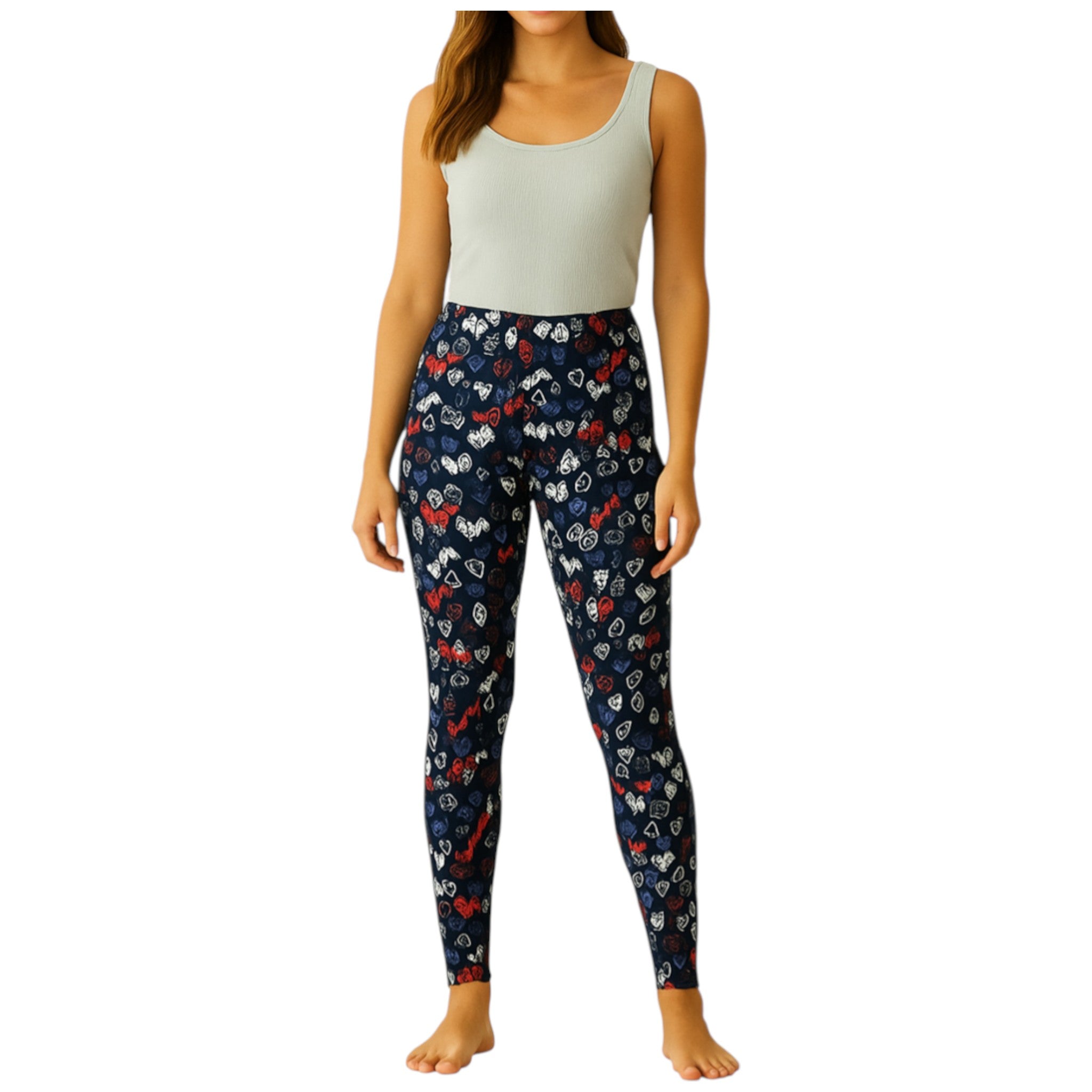 Women's full-length leggings in black with a colorful heart pattern, featuring red, blue, and white heart designs, elastic waistband, and soft stretch fabric. Perfect for casual wear or layering.